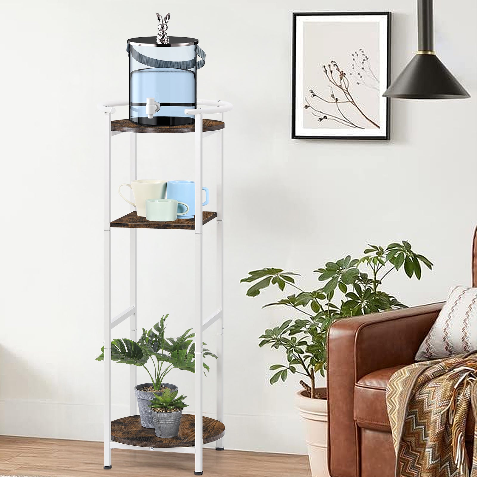 Water Dispenser Stand 5 Gallon - 3-Tier Water Cooler Jug Storage Rack w/ Shelves, Rustic Brown/White
