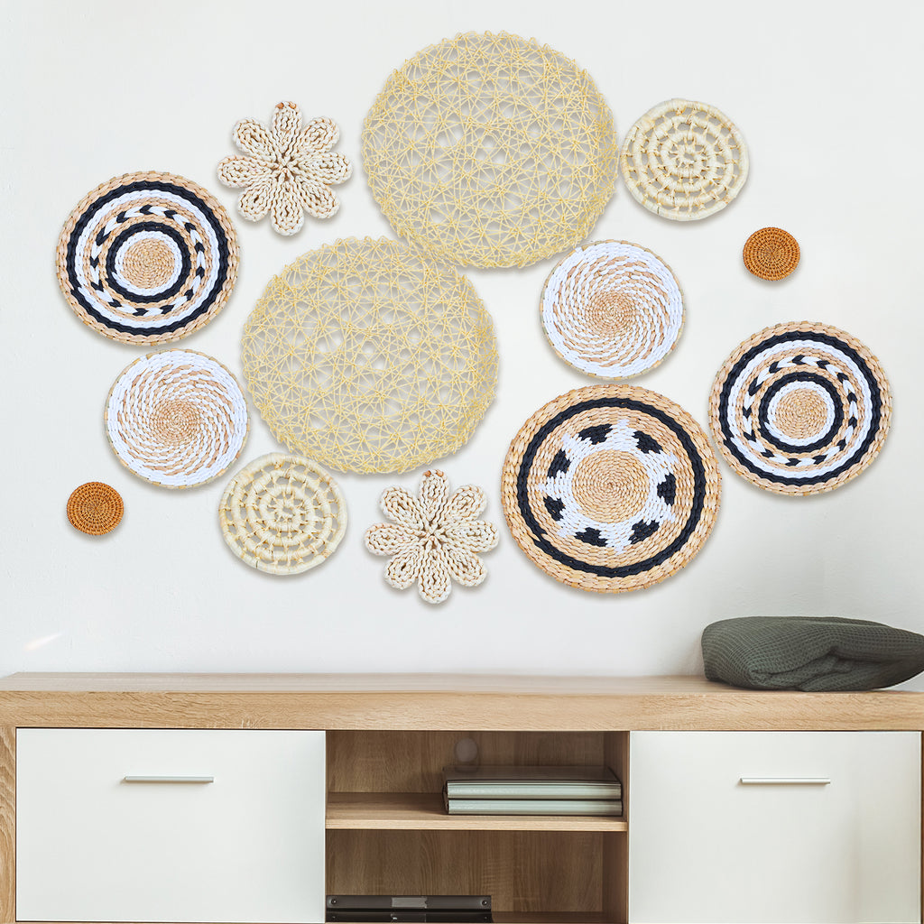 13 Pcs Boho Wall Basket Decor Set, Handmade Seagrass Woven Baskets for Living Room, Rustic Round Art
