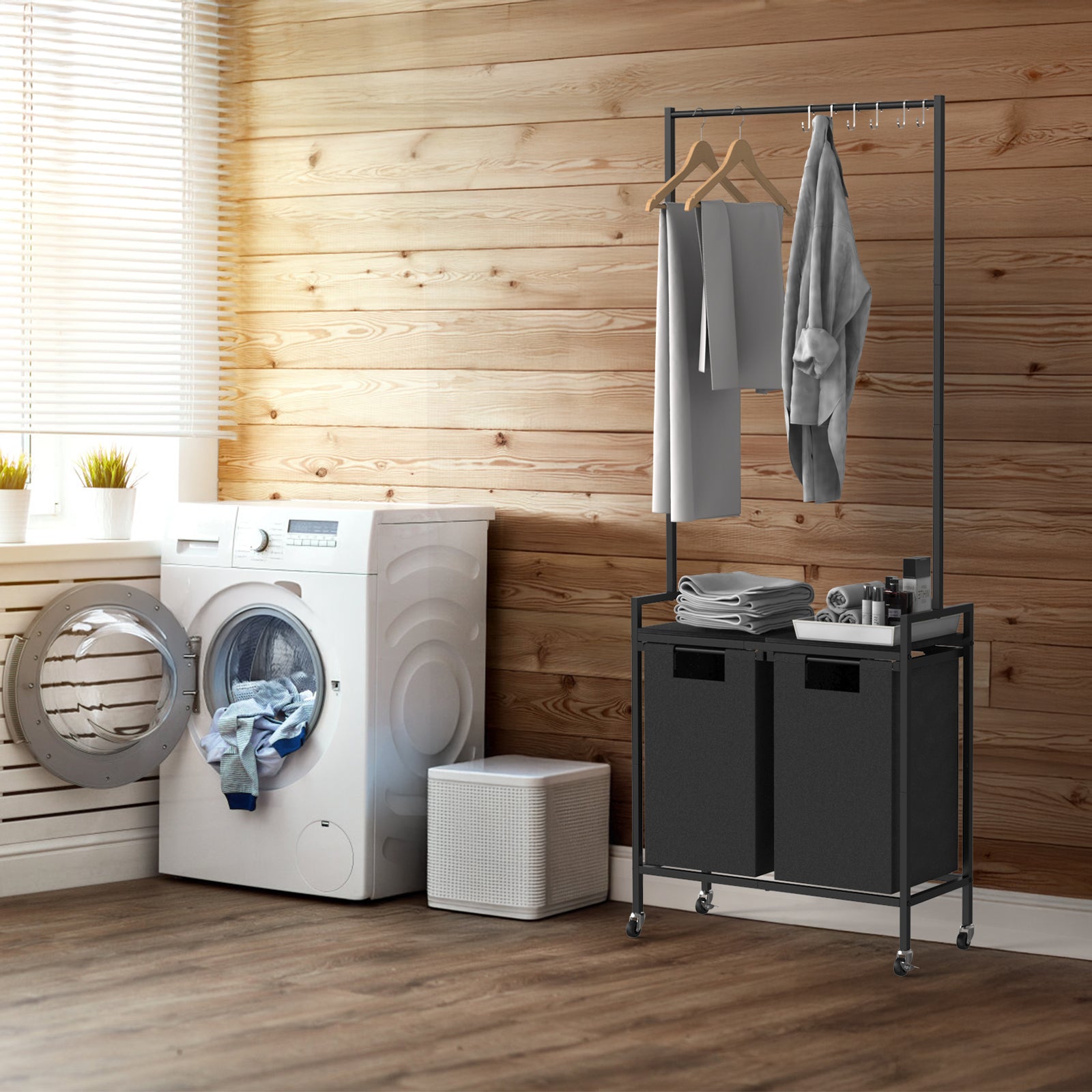 Laundry Hamper With Wheels Laundry Room Organization 2 Section Laundry Sorter with Shelf Rolling Bathroom Laundry hamper for Bathroom Bedroom