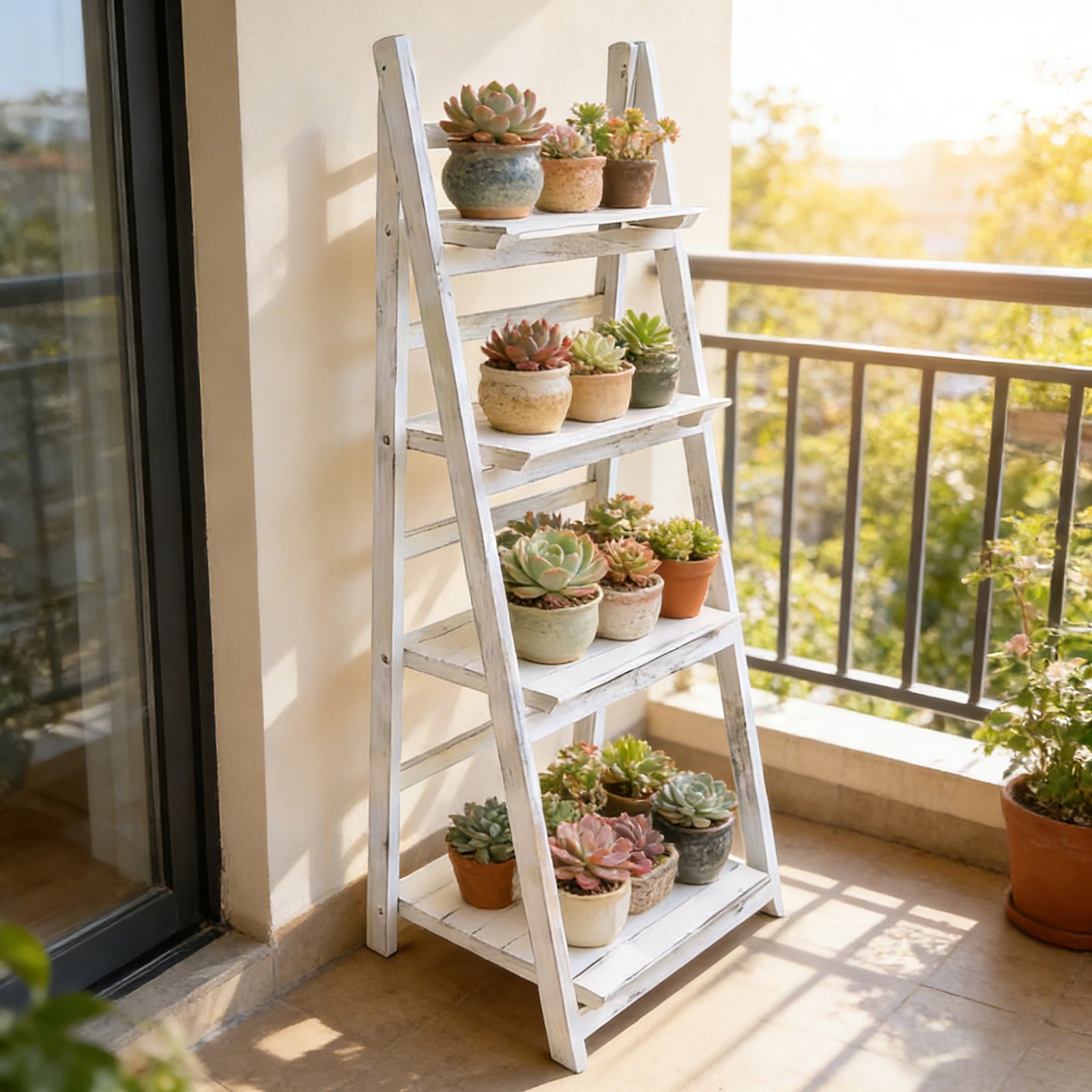 Ladder Shelf, 4-Tier Wooden Plant Shelves, Rustic Flower Display Rack, Freestanding Storage Rack, Indoor Flowerpot Stand Ladder Bookshelf for Living Room, Bedroom, Balcony, Gray White