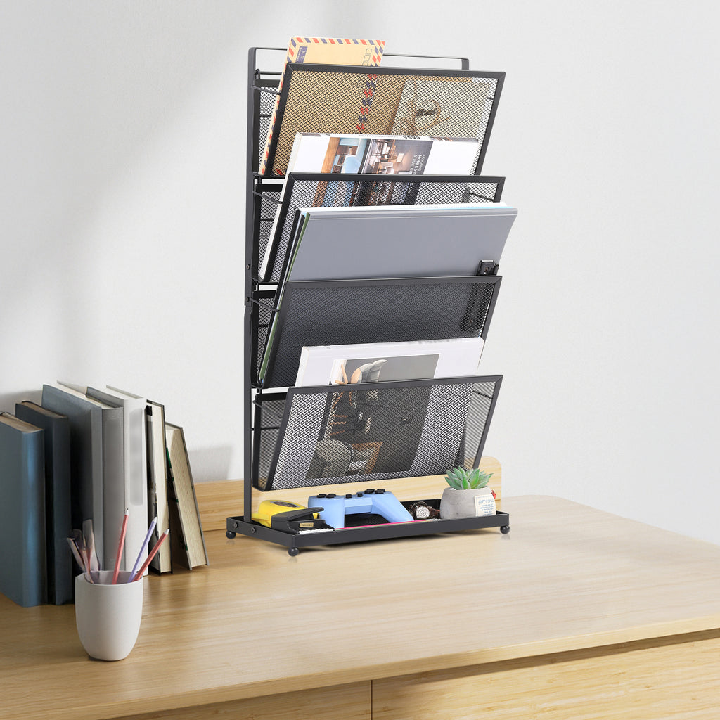 4-Tier Vertical Mesh File Organizer - Desktop Magazine & Letter Rack - Space-Saving Metal Storage Tray for Office Documents & Accessories