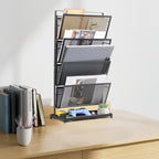 4-Tier Vertical Mesh File Organizer - Desktop Magazine & Letter Rack - Space-Saving Metal Storage Tray for Office Documents & Accessories
