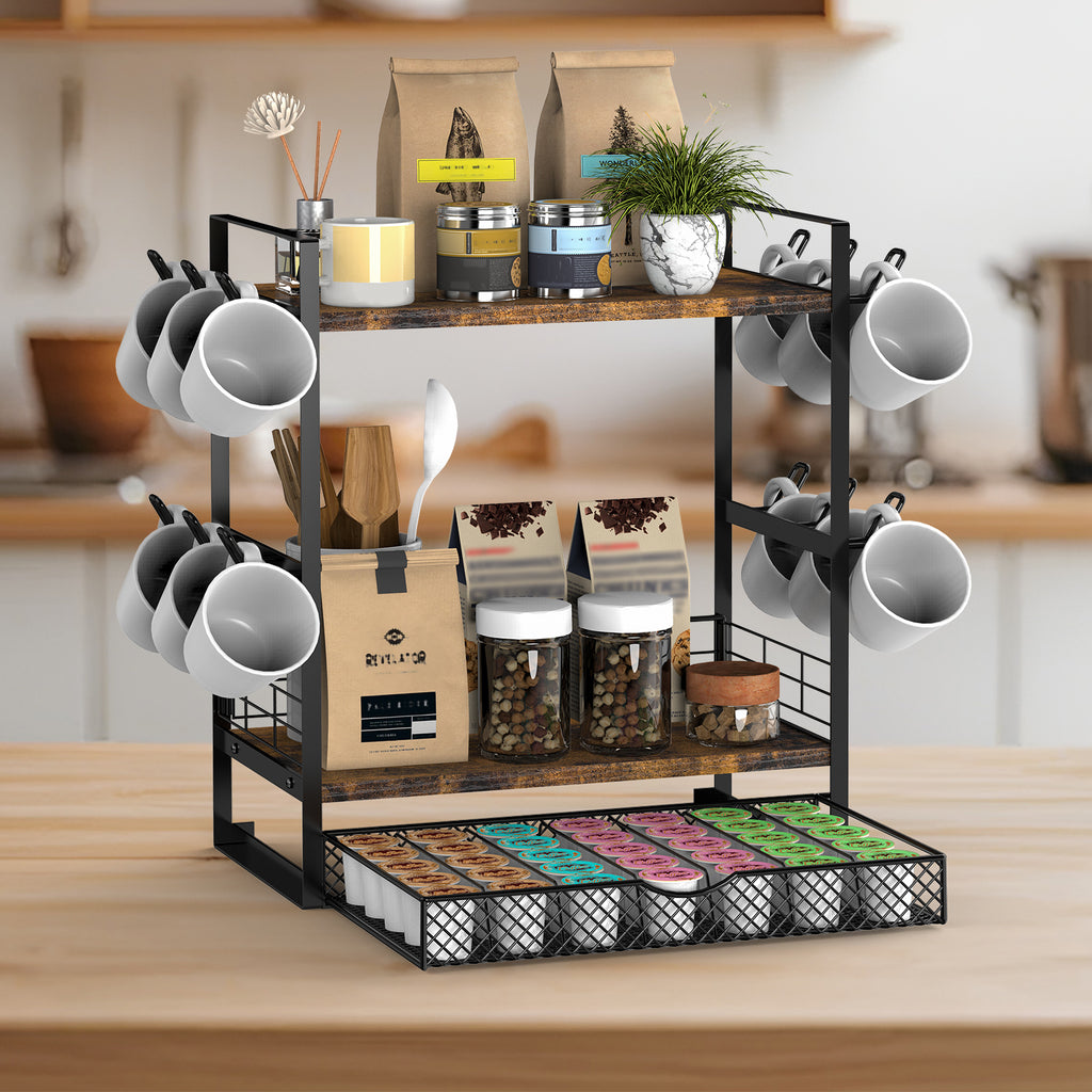 3-Tier Coffee Station Organizer - Countertop Mug Holder with 12 Hooks & 28 Pod Storage Drawer,