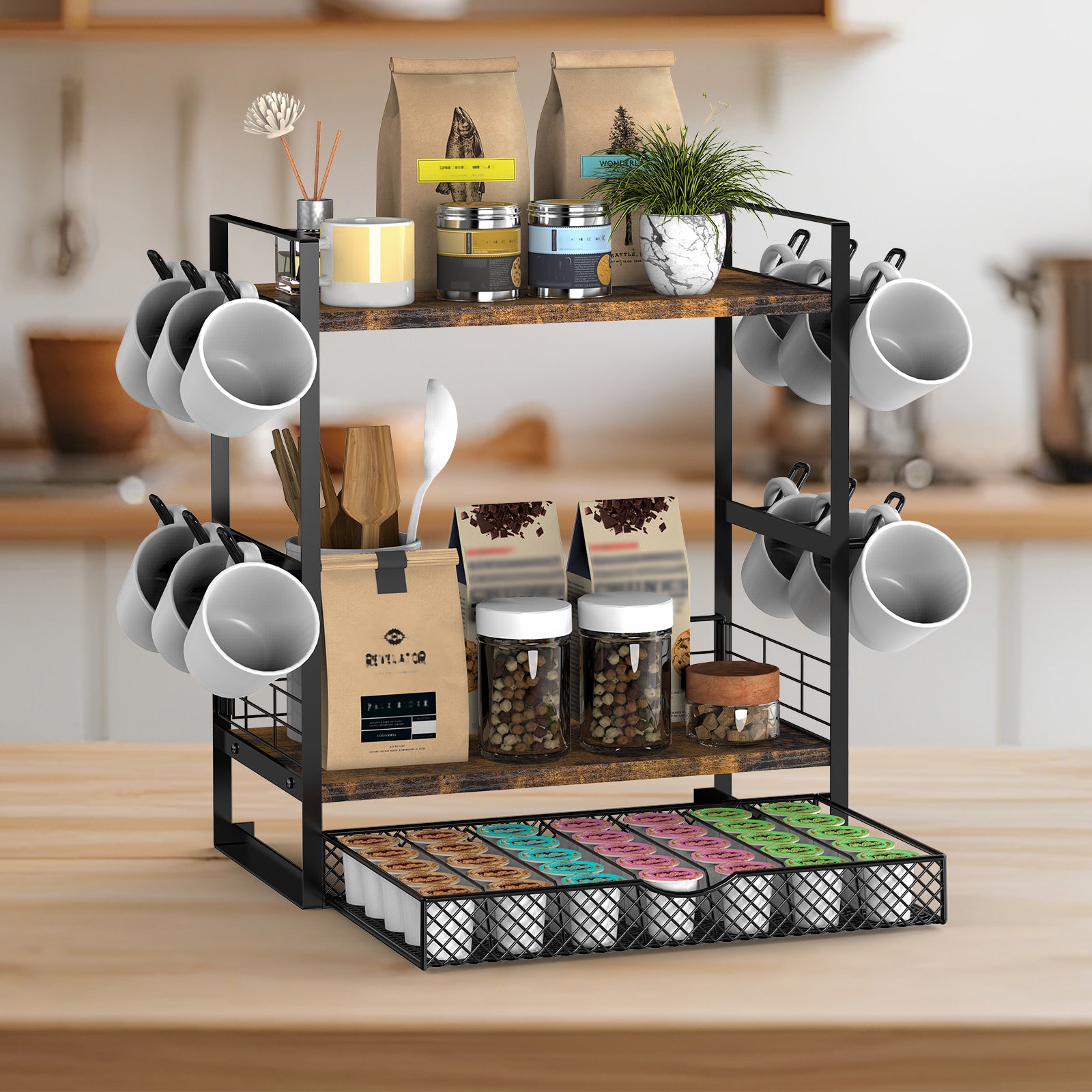 3-Tier Coffee Station Organizer - Countertop Mug Holder with 12 Hooks & 28 Pod Storage Drawer,