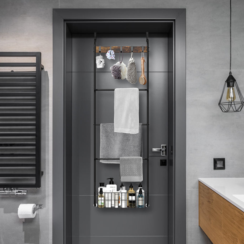 No-Drill Over-the-Door Towel Rack with Storage Basket and Hooks, Black Finish