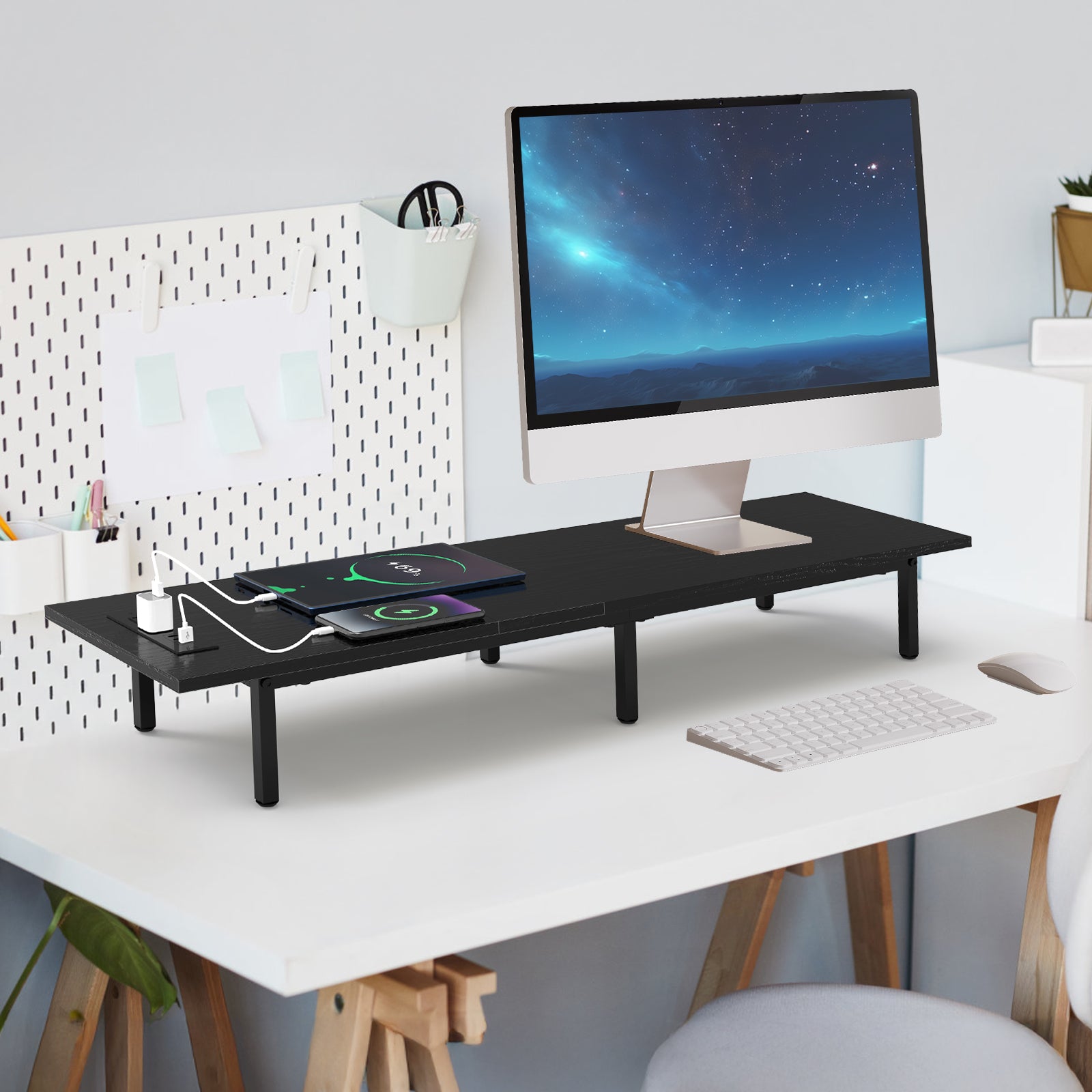 Dual Monitor Stand Riser with Power Outlets - Desk Organizer with 3 USB & 2 AC Ports for PC Laptop,