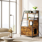 Hidden Cat Litter Box Enclosure with Charging Station, Large Wood Pet House Furniture with Storage Shelves and Entry Hole, Rustic Brown,