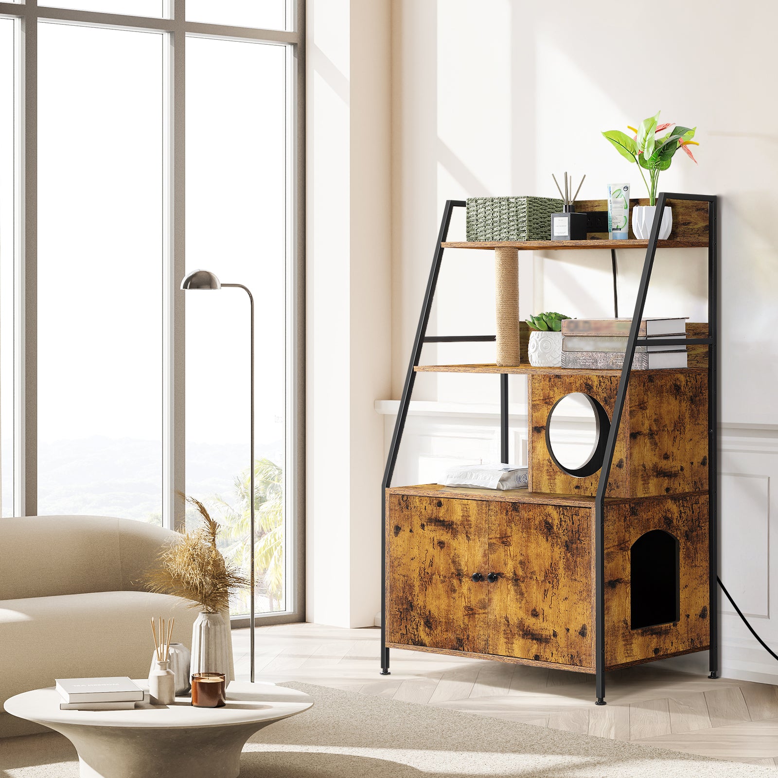 Hidden Cat Litter Box Enclosure with Charging Station, Large Wood Pet House Furniture with Storage Shelves and Entry Hole, Rustic Brown,