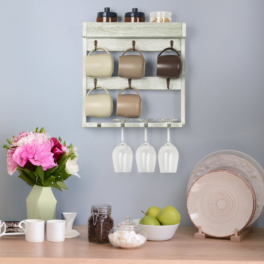 Mug Rack Shelf for Wall Coffee Mug Holder with 6 Hooks and 4 Glasses Hanging Cups Organizer Wall Mount with Shelf Wood Cups Organizer 3 Tier Mugs Display and Collection for Home Kitchen
