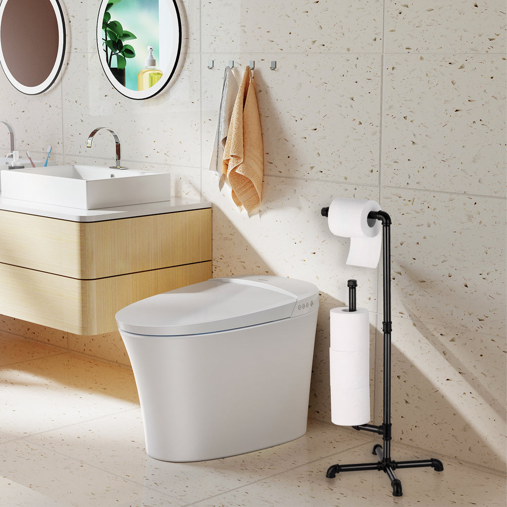 Industrial Freestanding Metal Piping Bathroom Tissue Dispenser and Reserve Storage Rack Stand