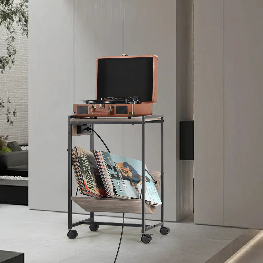 Rolling Record Player Stand with Charging Station, Grey End Table with Vinyl Record Storage, Turntable Stand with USB Ports for Living Room, Bedroom