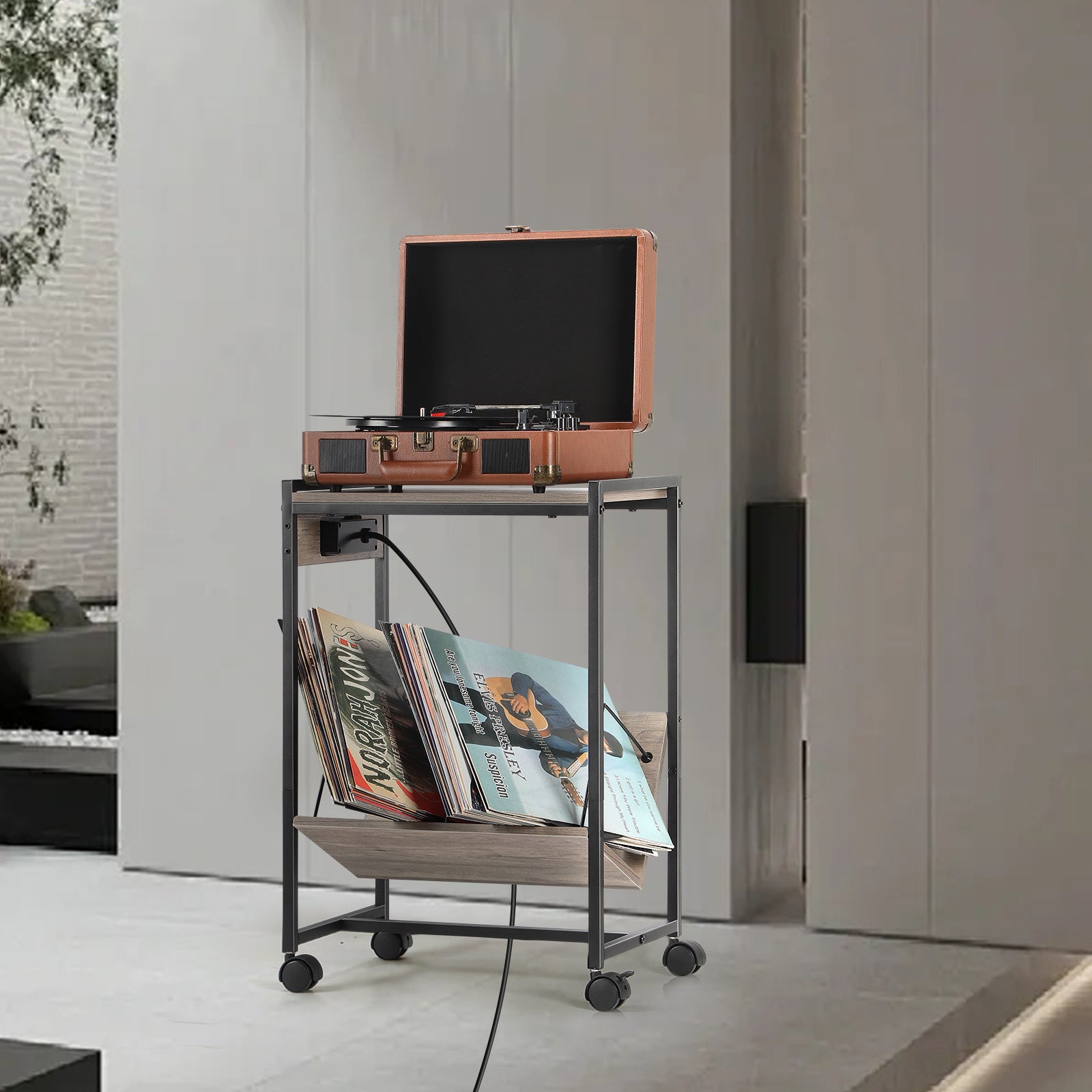 Rolling Record Player Stand with Charging Station, Grey End Table with Vinyl Record Storage, Turntable Stand with USB Ports for Living Room, Bedroom