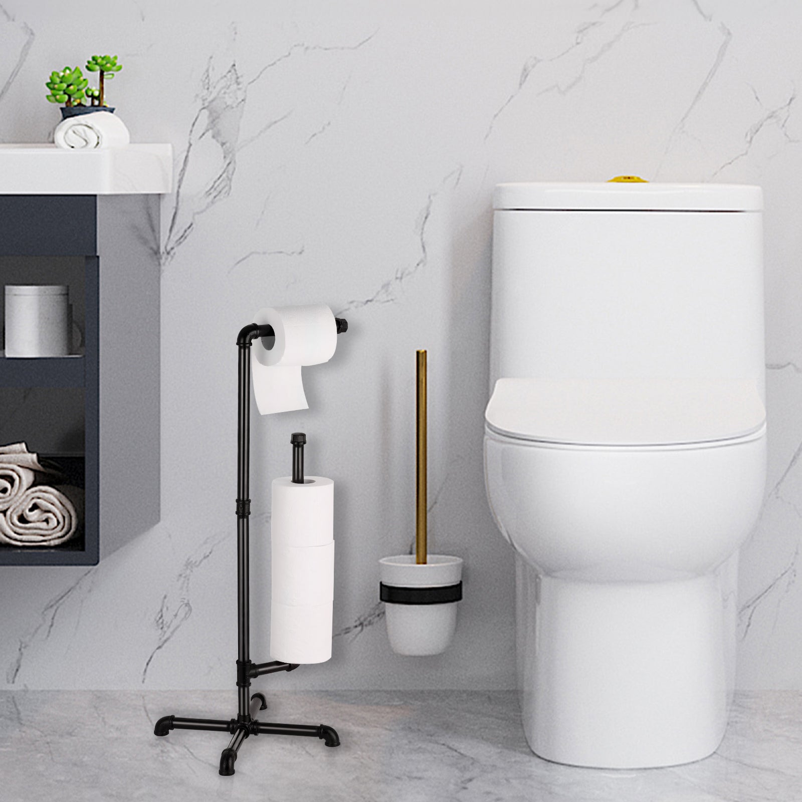 Industrial Freestanding Metal Piping Bathroom Tissue Dispenser and Reserve Storage Rack Stand