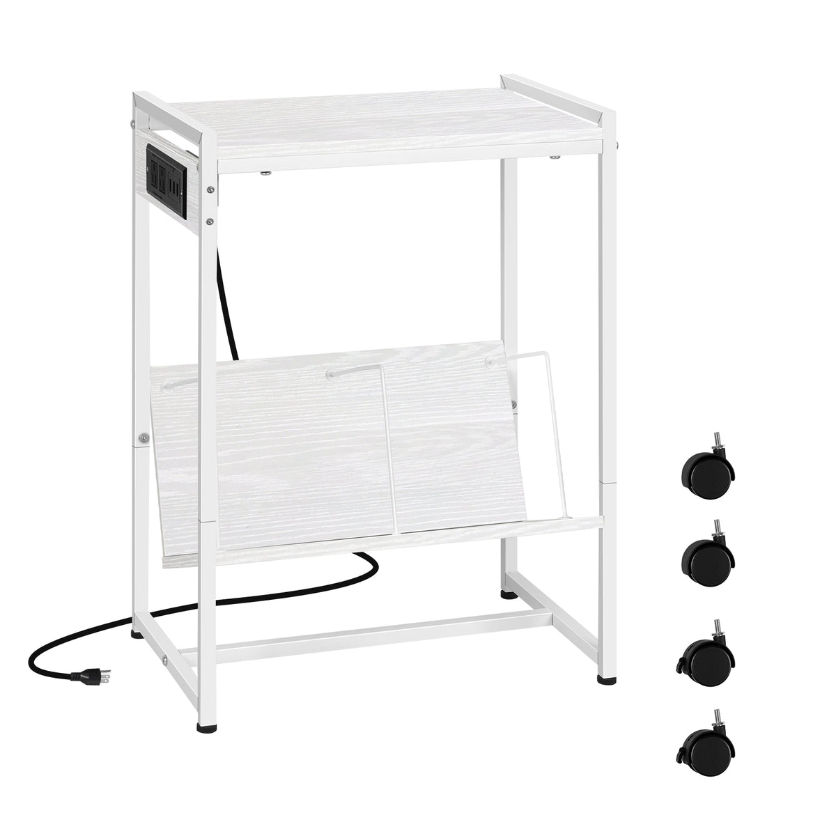 Rolling Record Player Stand with Charging Station, Grey End Table with Vinyl Record Storage, Turntable Stand with USB Ports for Living Room, Bedroom