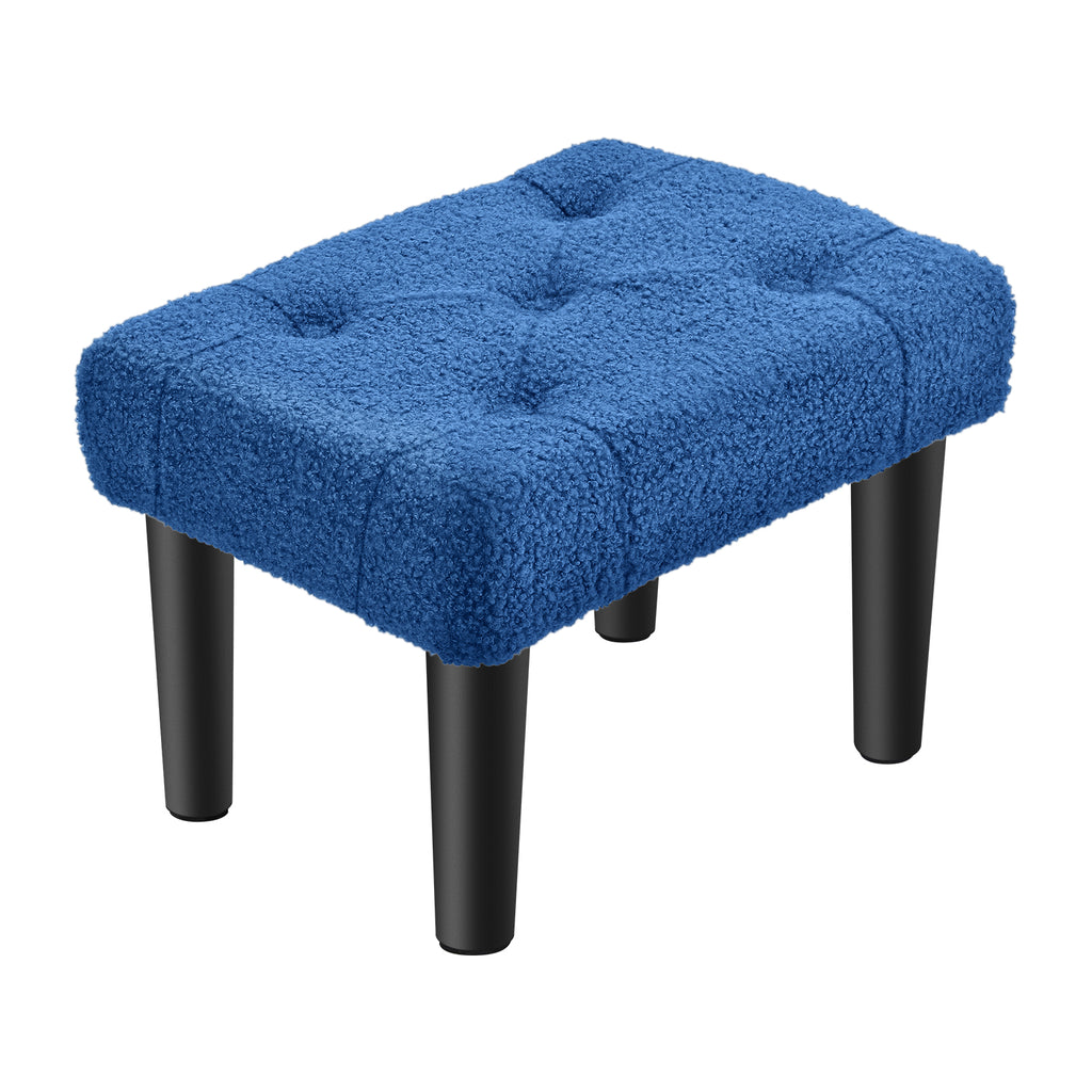 Small Teddy Velvet Foot Stool with Wood Legs, Tufted Rectangle Ottoman Foot Rest, Soft Padded Mini Footstool for Under Desk, Bedroom, Living Room, Sofa Side, Entryway, Dark Blue