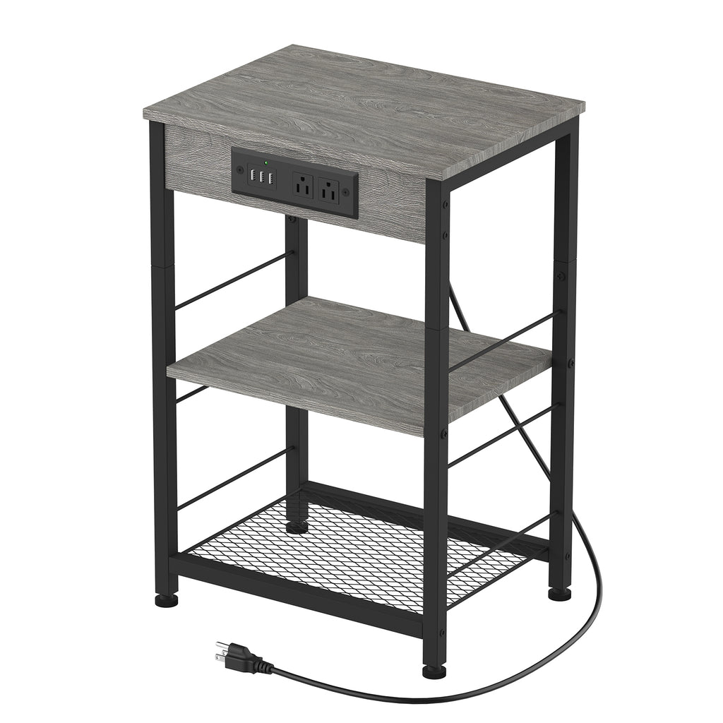 Nightstand with Charging Station Bedroom End Tables with USB Ports and Outlets 3 Tier Bed Side Table with Storage Shelves Farmhouse Night Stand with Power Charging for Living Room Study