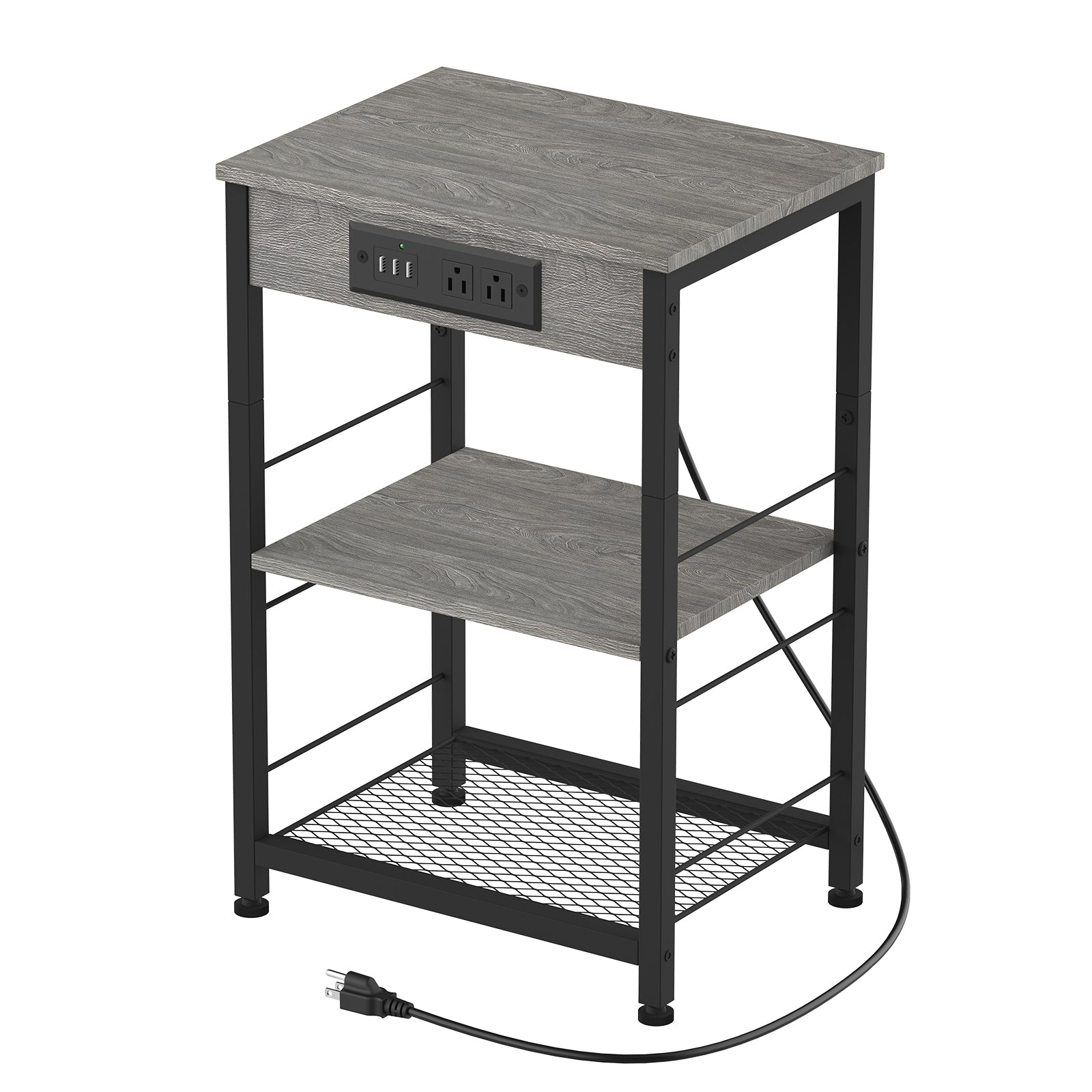 Nightstand with Charging Station Bedroom End Tables with USB Ports and Outlets 3 Tier Bed Side Table with Storage Shelves Farmhouse Night Stand with Power Charging for Living Room Study