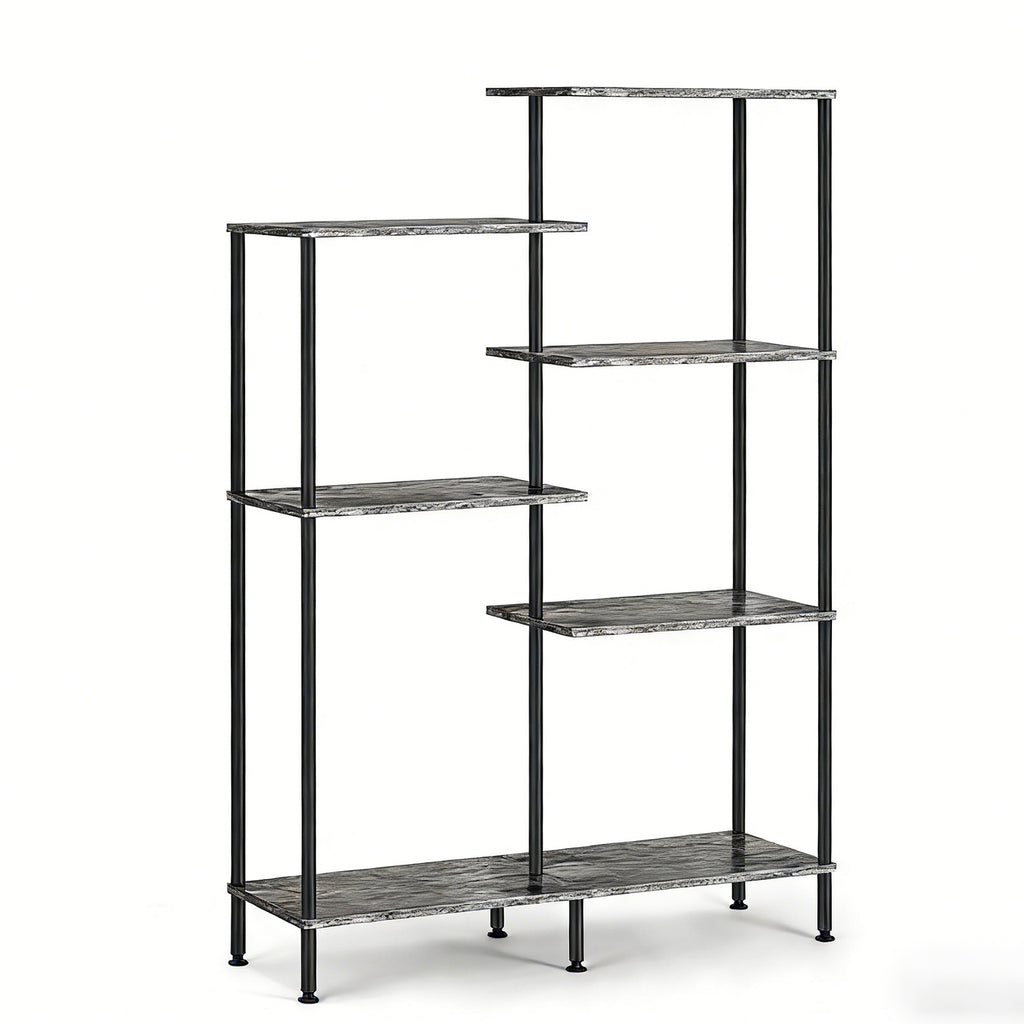 6-Tier Geometric Open Bookshelf - Farmhouse Floor Standing Display Rack & Storage Unit, Grey,
