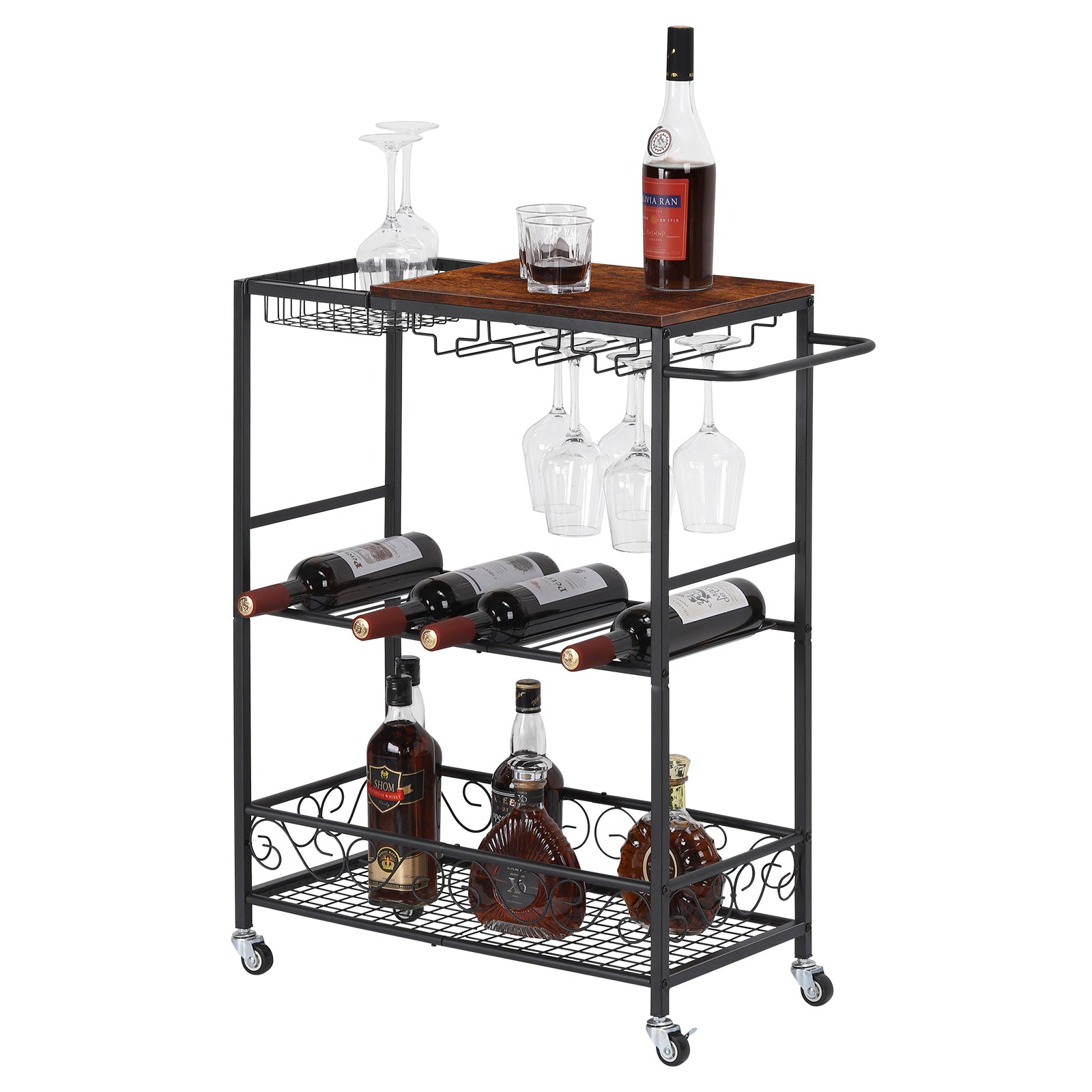 Bar Cart, Mobile Bar Serving Cart, Rolling Wine Cart with Glass Stemware Rack and Wine Bottle Holders, ndustrial Vintage Style Kitchen Serving Cart for, Kitchen(Black)