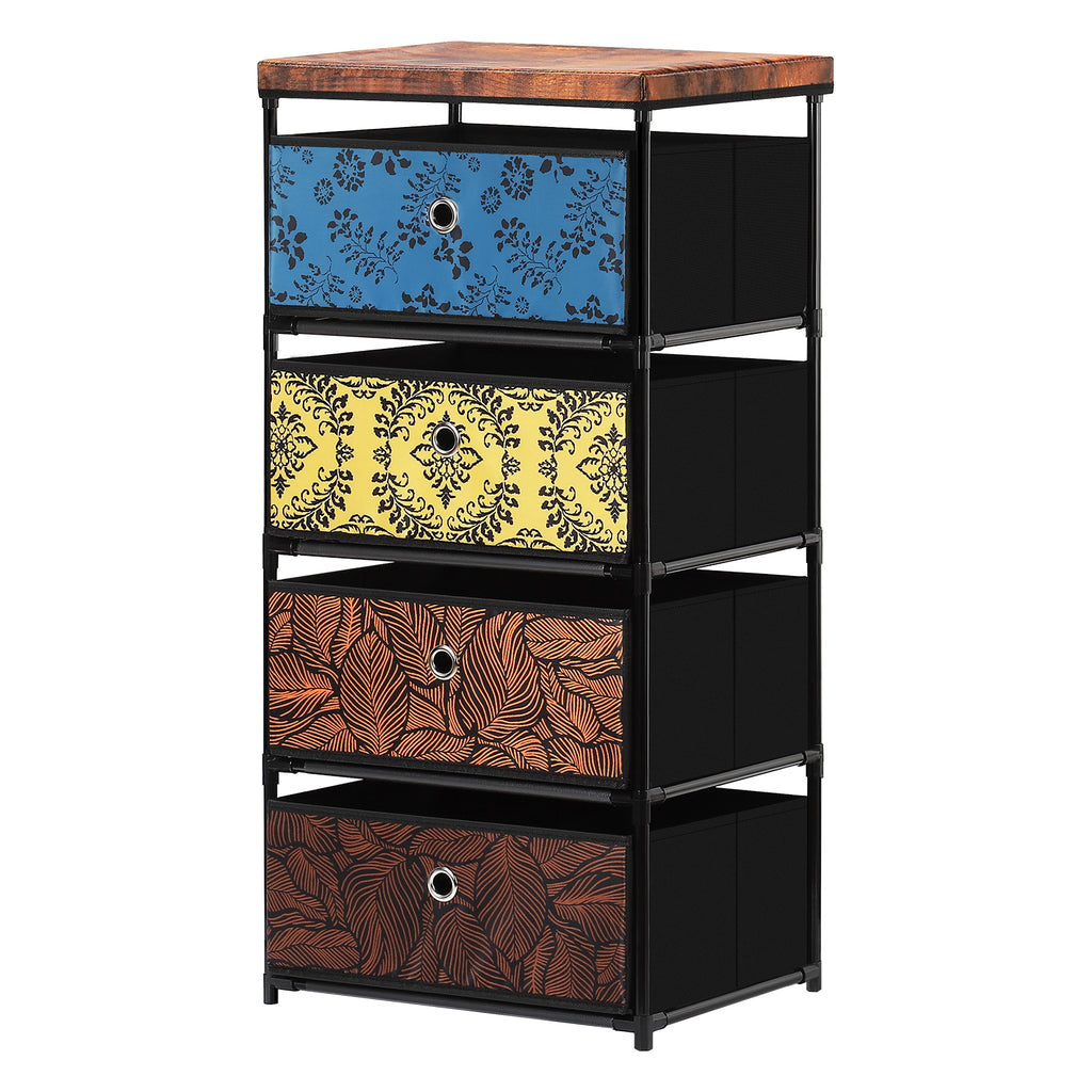 4 Drawer Fabric Dresser Storage Tower, Vertical Organizer Cabinet for Bedroom Closet Entryway Hallway Color Printed Foldable Drawers