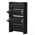 Modern 3-Tier Flip Drawer Shoe Cabinet - Narrow Entryway Organizer for 24-32 Pairs, Black Farmhouse Style