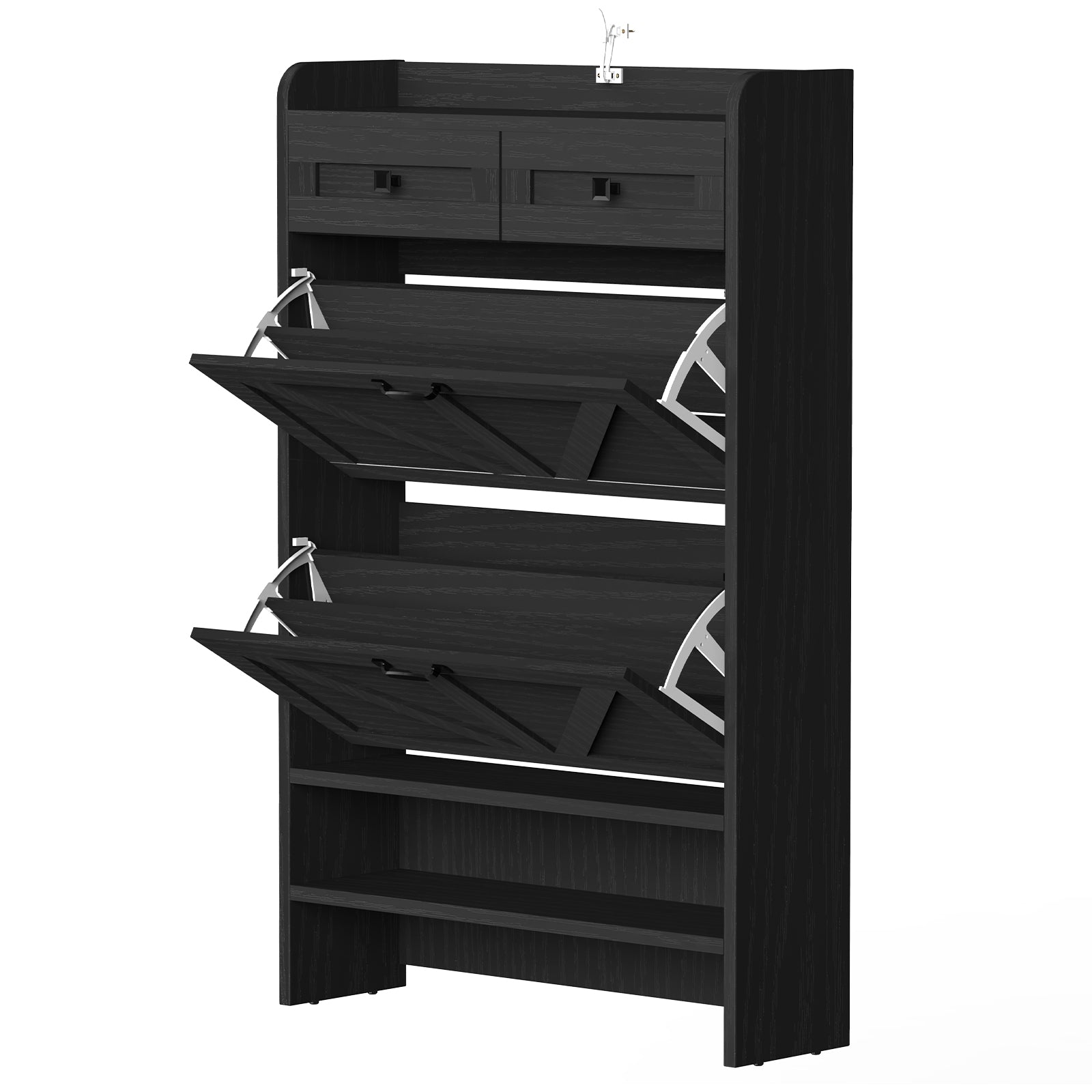 Modern 3-Tier Flip Drawer Shoe Cabinet - Narrow Entryway Organizer for 24-32 Pairs, Black Farmhouse Style