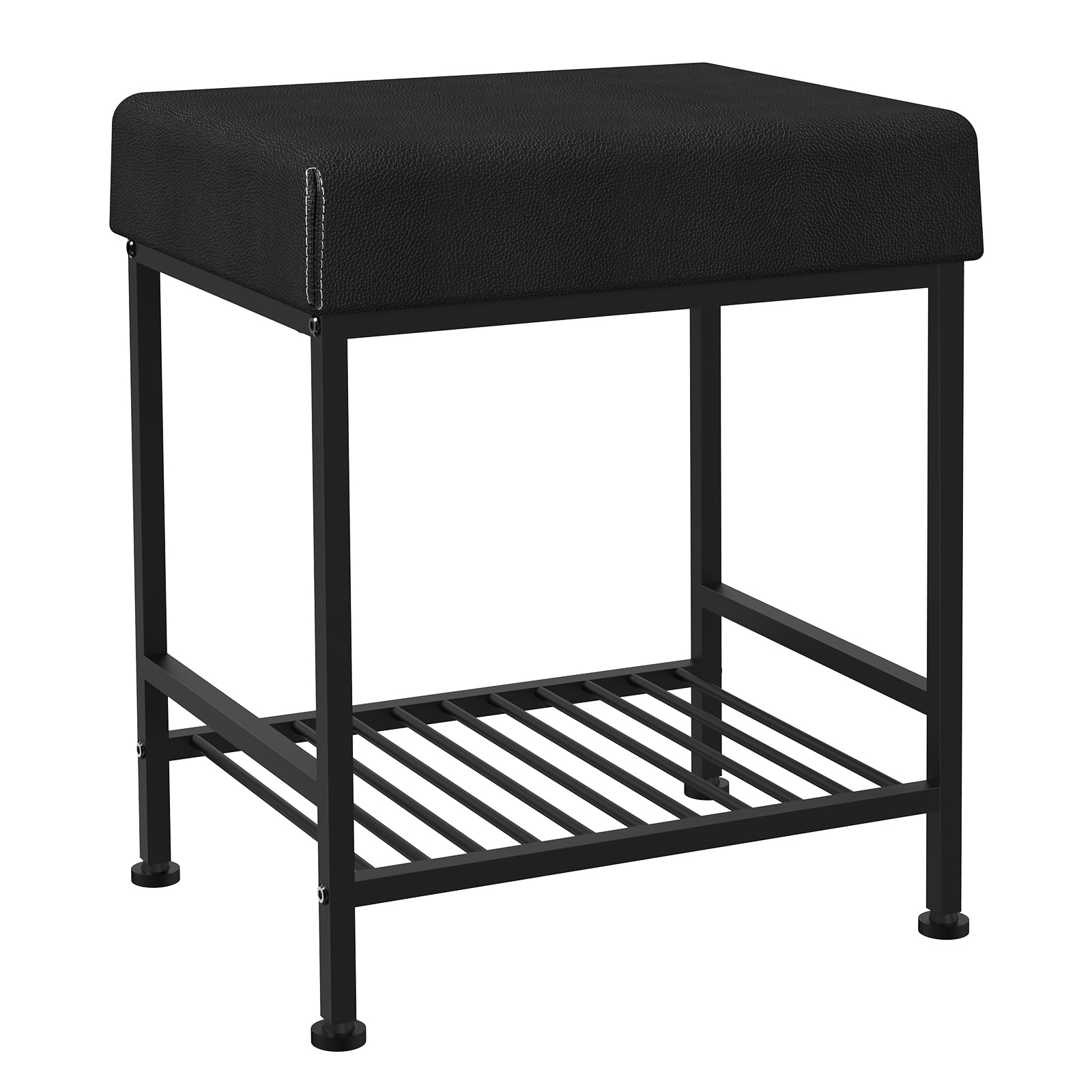 Square Vanity Stool with Storage Shelf, Black Faux Leather Padded Makeup Ottoman Bench, Heavy Duty Metal Frame Foot Stool with Adjustable Anti-Slip Feet, Multi Purpose Shoe Bench for Bedroom Entryway Living Room Bathroom