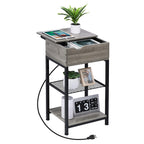 Slim Nightstand with Power Hub, Silver Sliding Top Side Table with USB Ports and Outlets for Compact Living Areas, Bedroom, or Office Storage
