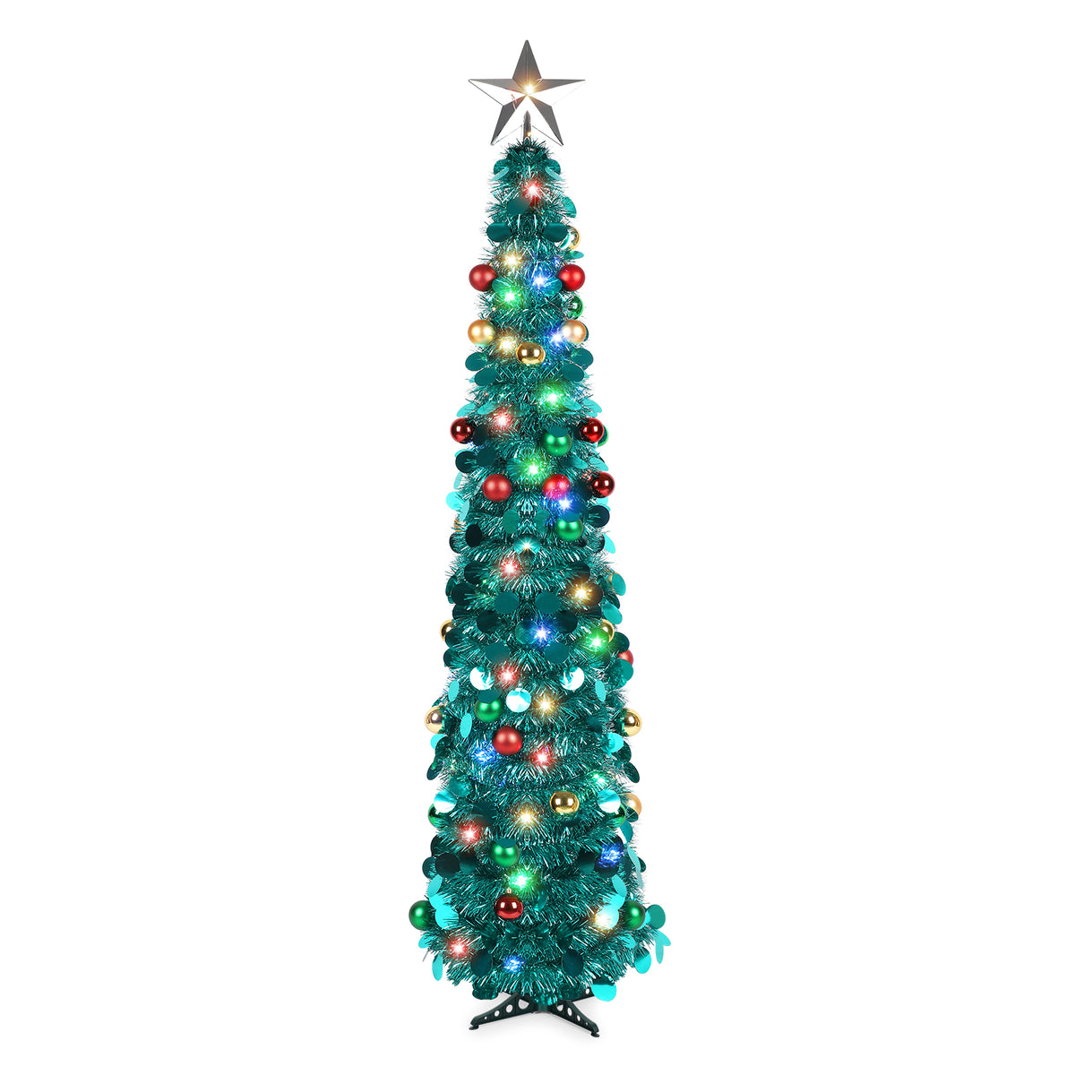 5.2 Ft Pop Up Christmas Tree with 4 light colors 8 light modes adjustable Lights & Balls, Collapsible Green Tinsel Tree Decorations, Artificial Christmas lighted Tree for Holiday Home Office Decor