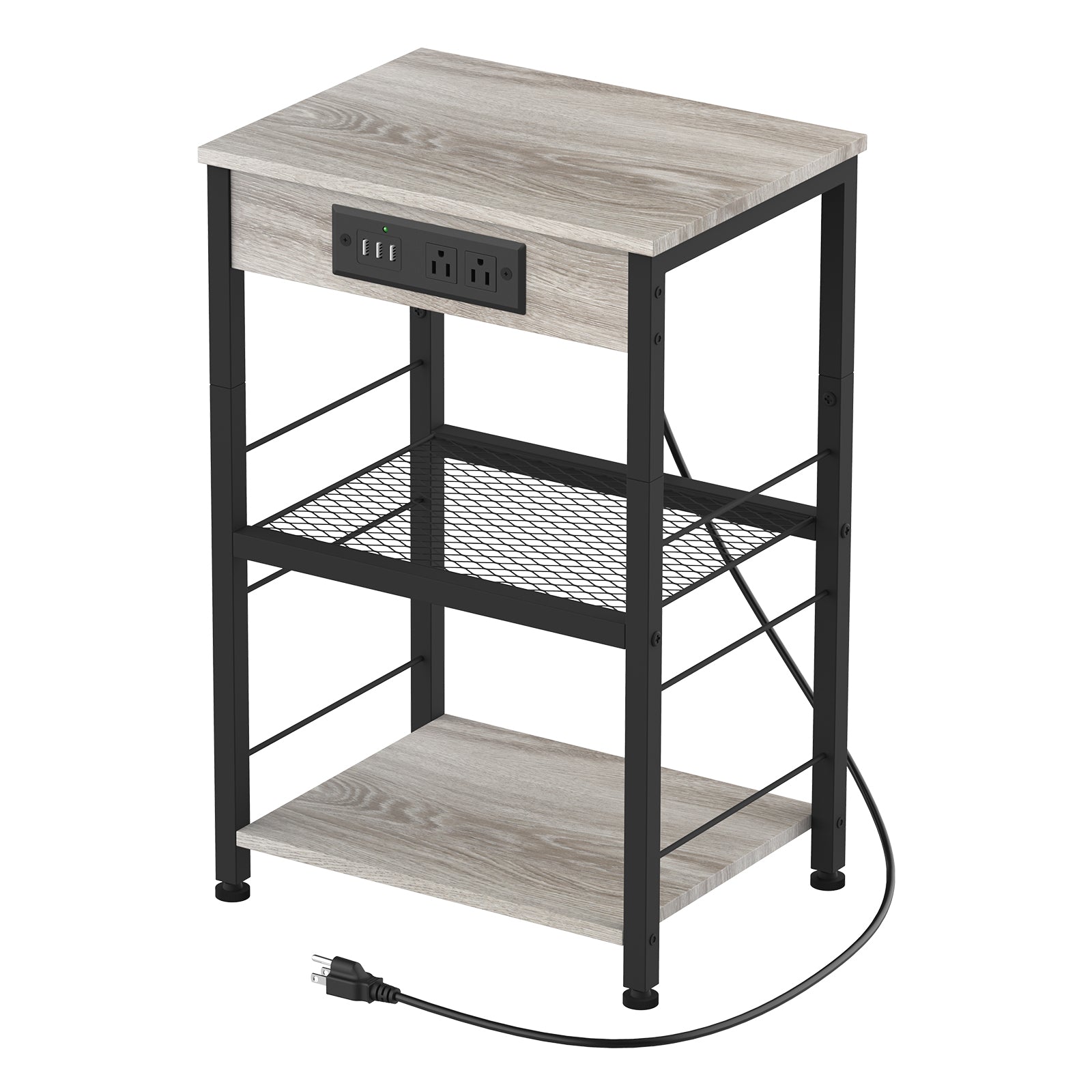Nightstand with Charging Station Bedroom End Tables with USB Ports and Outlets 3 Tier Bed Side Table with Storage Shelves Farmhouse Night Stand with Power Charging for Living Room Study
