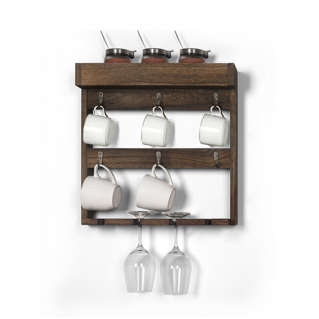 Mug Rack Shelf for Wall Coffee Mug Holder with 6 Hooks and 4 Glasses Hanging Cups Organizer Wall Mount with Shelf Wood Cups Organizer 3 Tier Mugs Display and Collection for Home Kitchen