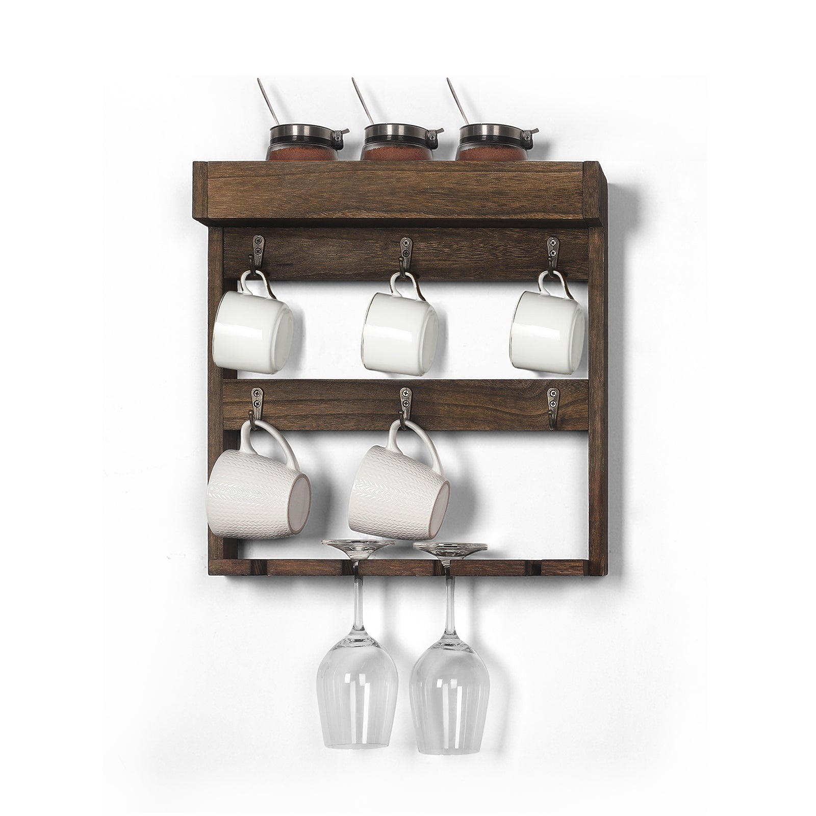 Mug Rack Shelf for Wall Coffee Mug Holder with 6 Hooks and 4 Glasses Hanging Cups Organizer Wall Mount with Shelf Wood Cups Organizer 3 Tier Mugs Display and Collection for Home Kitchen