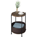 Rustic Brown 2-Tier Circular Bedside Table - Industrial Wood Nightstand with Metal Frame and Integrated Fabric Storage Bin for Home or Coffee Shop Use