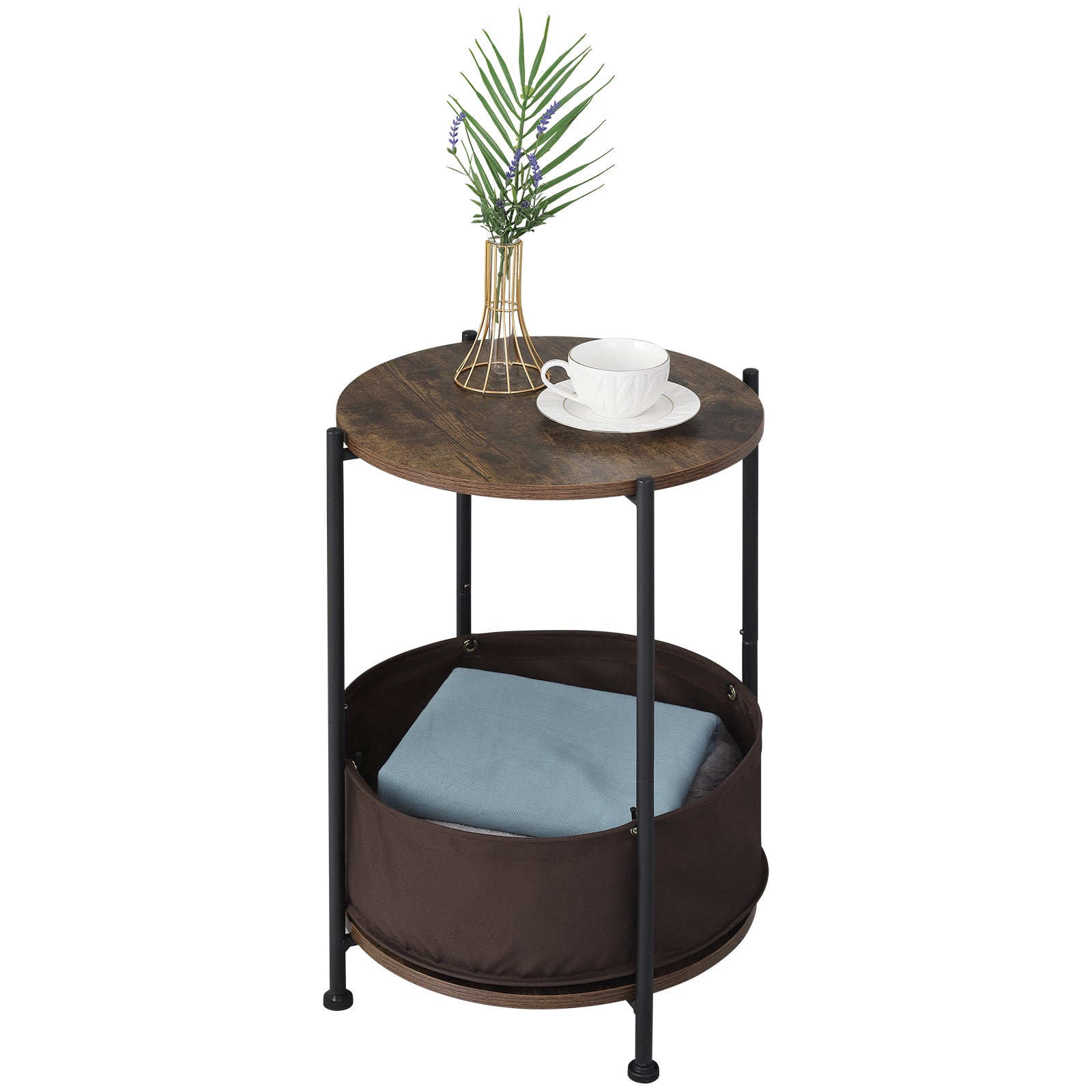 Rustic Brown 2-Tier Circular Bedside Table - Industrial Wood Nightstand with Metal Frame and Integrated Fabric Storage Bin for Home or Coffee Shop Use