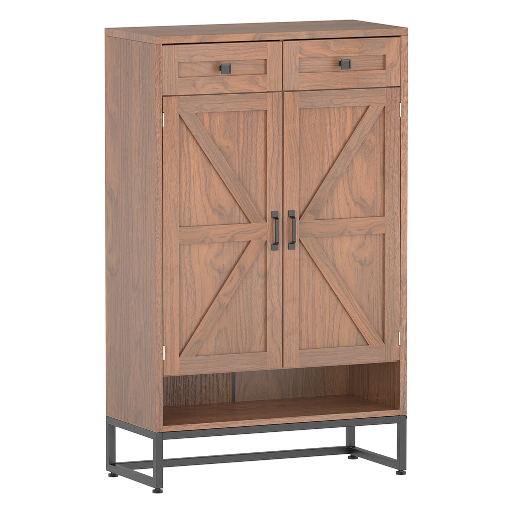Rustic Brown Freestanding Shoe Storage Cabinet - Barn-Door Style Entryway Organizer with Adjustable Shelves