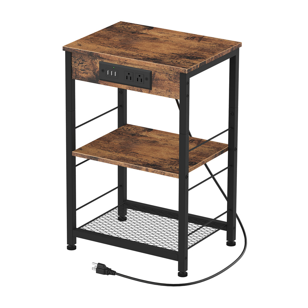 Nightstand with Charging Station Bedroom End Tables with USB Ports and Outlets 3 Tier Bed Side Table with Storage Shelves Farmhouse Night Stand with Power Charging for Living Room Study