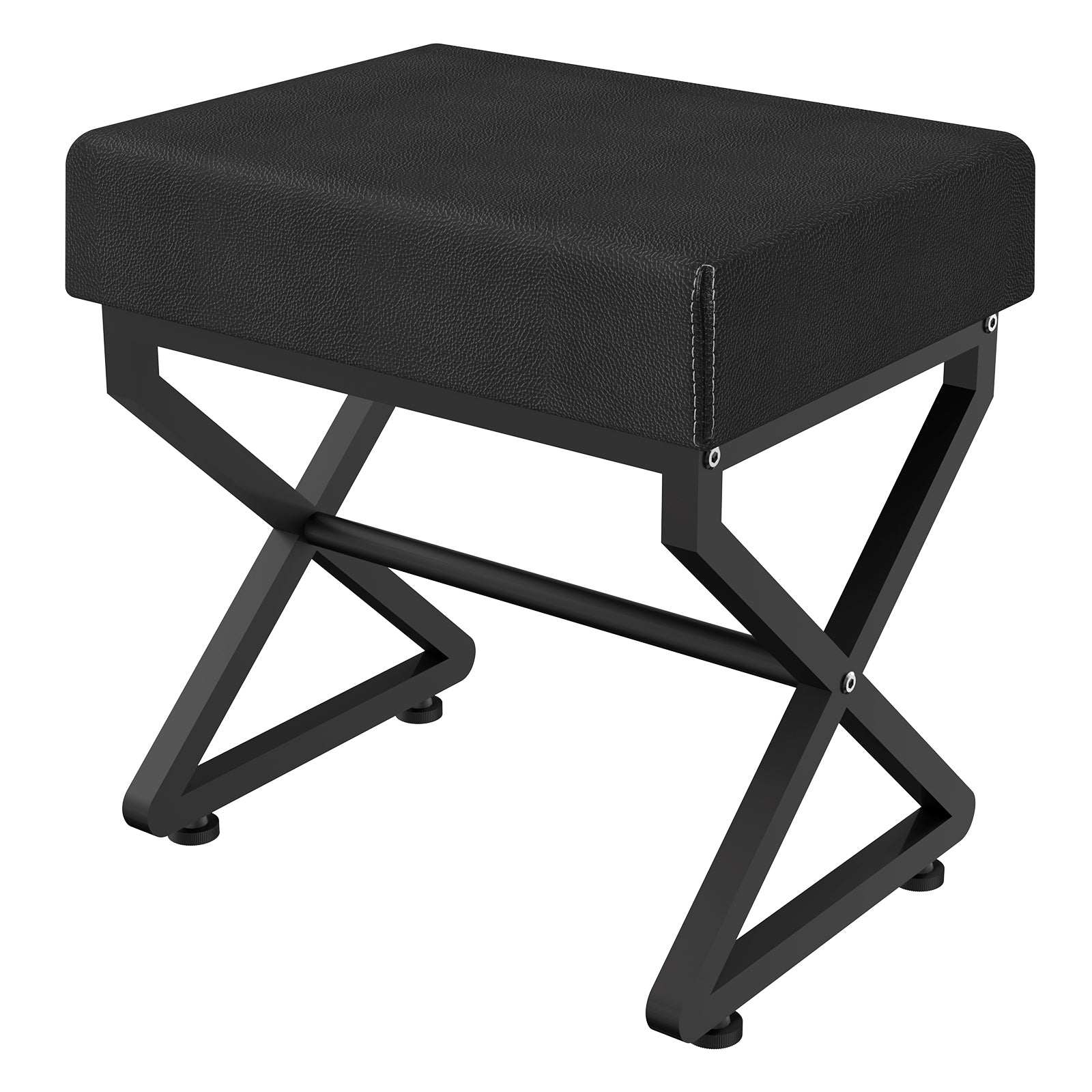 19.69 Inch X Frame Vanity Stool, Waterproof PU Leather Padded Makeup Ottoman Bench, Heavy Duty Black Metal X Leg Foot Rest Stool, Multi Use Shoe Stool for Bedroom Entryway Living Room
