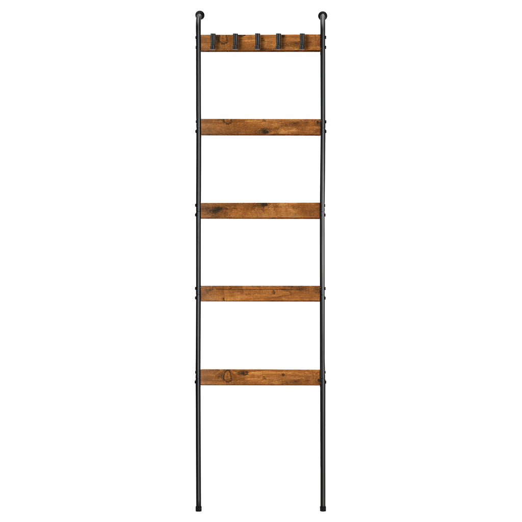 5-Tier Rustic Blanket Ladder - Wall-Leaning Towel Rack & Decorative Display Shelf w/ 10 Hooks, Brown