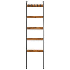5-Tier Rustic Blanket Ladder - Wall-Leaning Towel Rack & Decorative Display Shelf w/ 10 Hooks, Brown