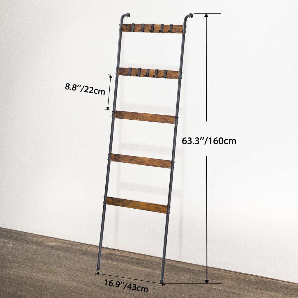 5-Tier Rustic Blanket Ladder - Wall-Leaning Towel Rack & Decorative Display Shelf w/ 10 Hooks, Brown
