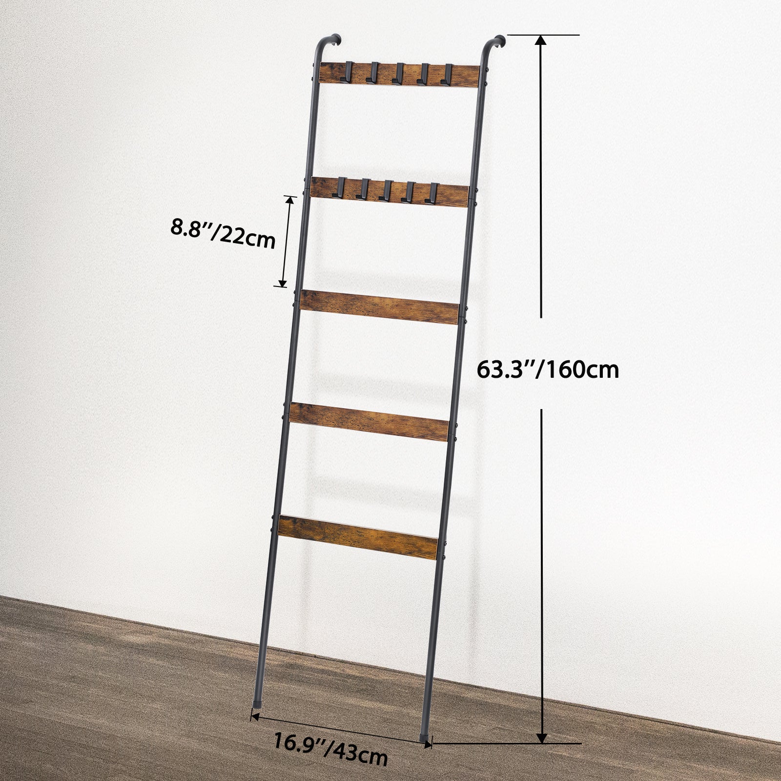 5-Tier Rustic Blanket Ladder - Wall-Leaning Towel Rack & Decorative Display Shelf w/ 10 Hooks, Brown