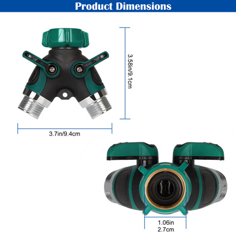 2-Way Y-Shape Garden Hose Splitter (2-Pack) - Heavy-Duty Water Spigot Adapter with Individual Shut-Off Valves
