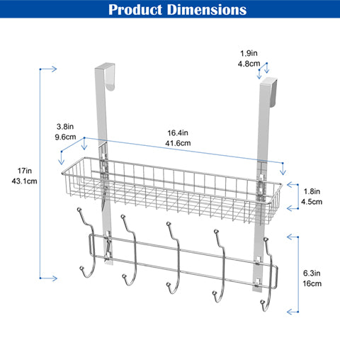 Over-the-Door Organizer Rack with 5 Hooks & Mesh Basket - Multi-Purpose Storage Shelf for Pantry & Bath