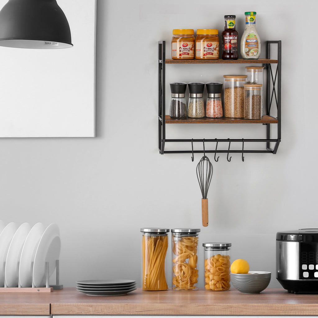 2-Tier Wall Mounted Bathroom Shelf - Rustic Wood Towel Rack with Hooks & Towel Bar Organizer,