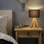 Modern Bedside Table Lamp with Wooden Tripod Base, Linen Fabric Shade Nightlight for Bedroom & Office