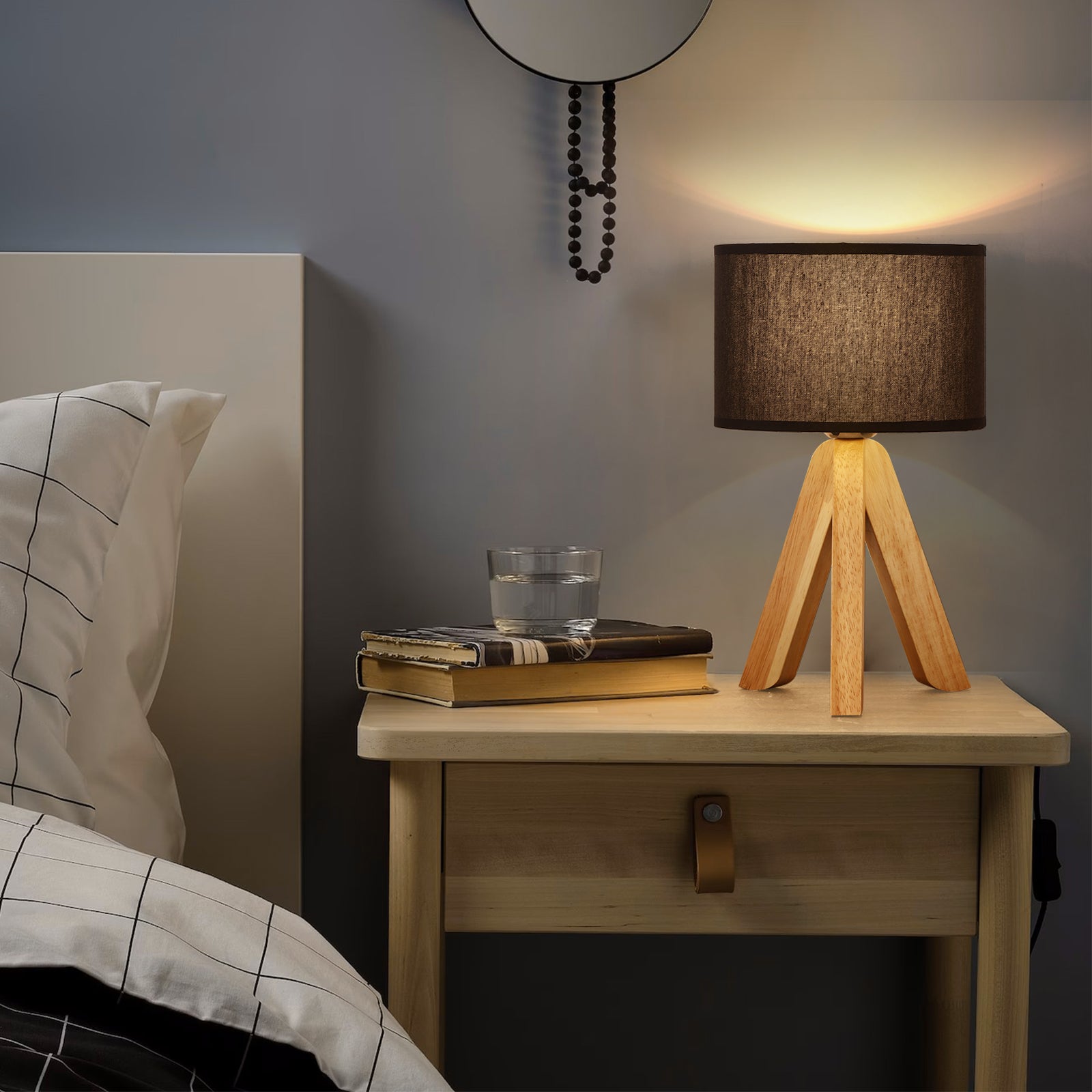 Modern Bedside Table Lamp with Wooden Tripod Base, Linen Fabric Shade Nightlight for Bedroom & Office