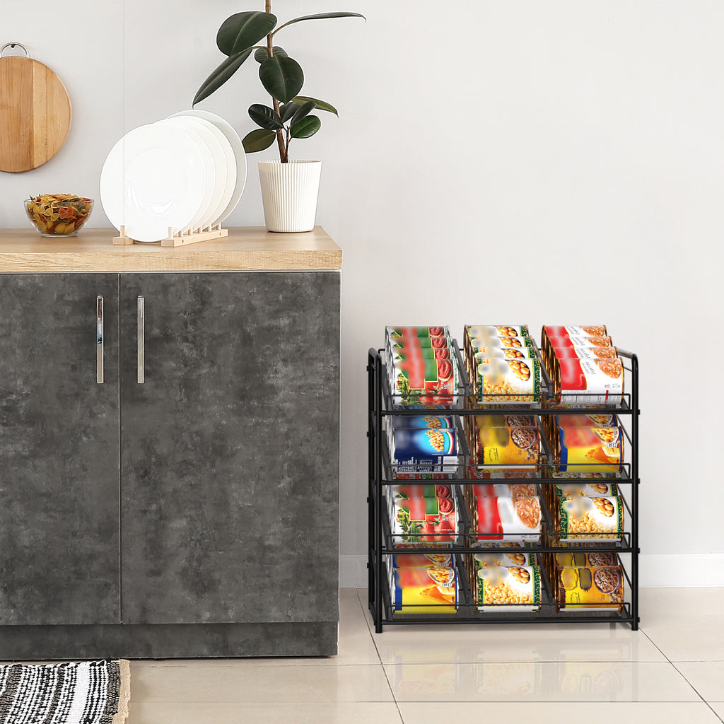 4-Tier Stackable Pantry Can Organizer Rack - Holds up to 48 Cans with Adjustable Dividers, Space-Saving Can Dispenser for Kitchen Cabinet, Black