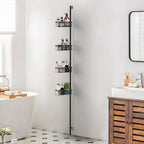 4-Tier Tension Pole Bathroom Rack, Adjustable Mesh Basket Organizer for Shower & Corner