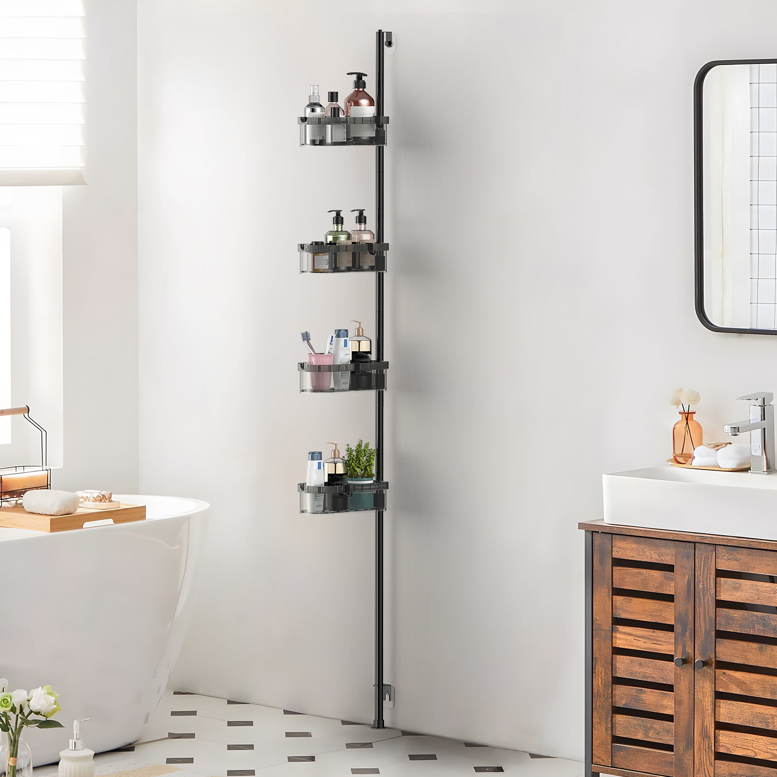 4-Tier Tension Pole Bathroom Rack, Adjustable Mesh Basket Organizer for Shower & Corner