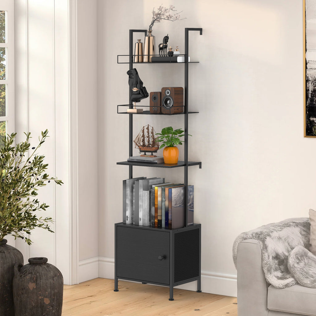 4-Tier Industrial Ladder Shelf with Bottom Storage Cabinet - Wall-Mounted Bookshelf & Display Rack with Metal Frame for Living Room & Office